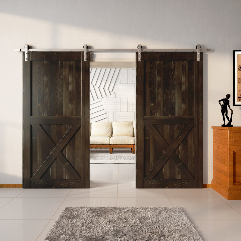 Porte en X en bois de pin non assemblé avec quincaillerie d'installation en nickel brossé Ki, 60 po x 84 po, Ébène