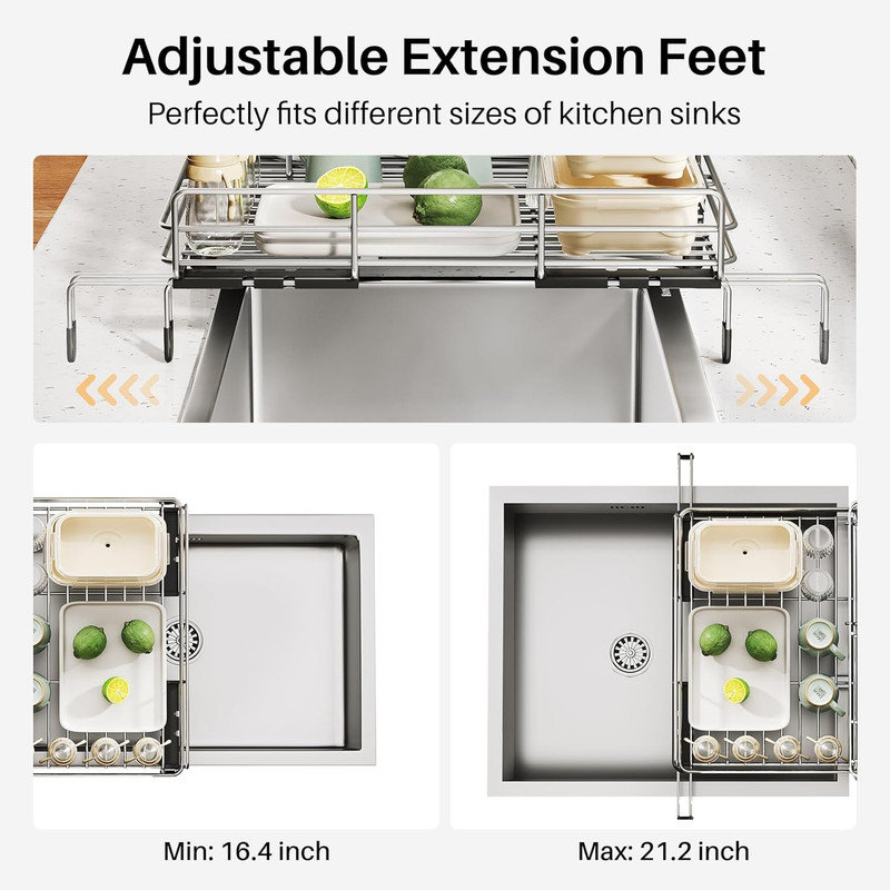 Large Silver Extendable Metal Dish Drying Rack with Utensil Holder