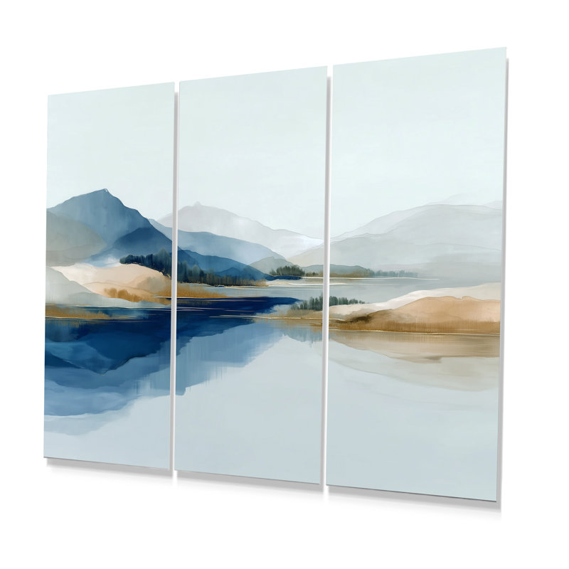 Blue Waves Heights Golden Coastal - Ensemble de décorations murales Vagues, H 32 po x l 48 po, Frameless Metal Print