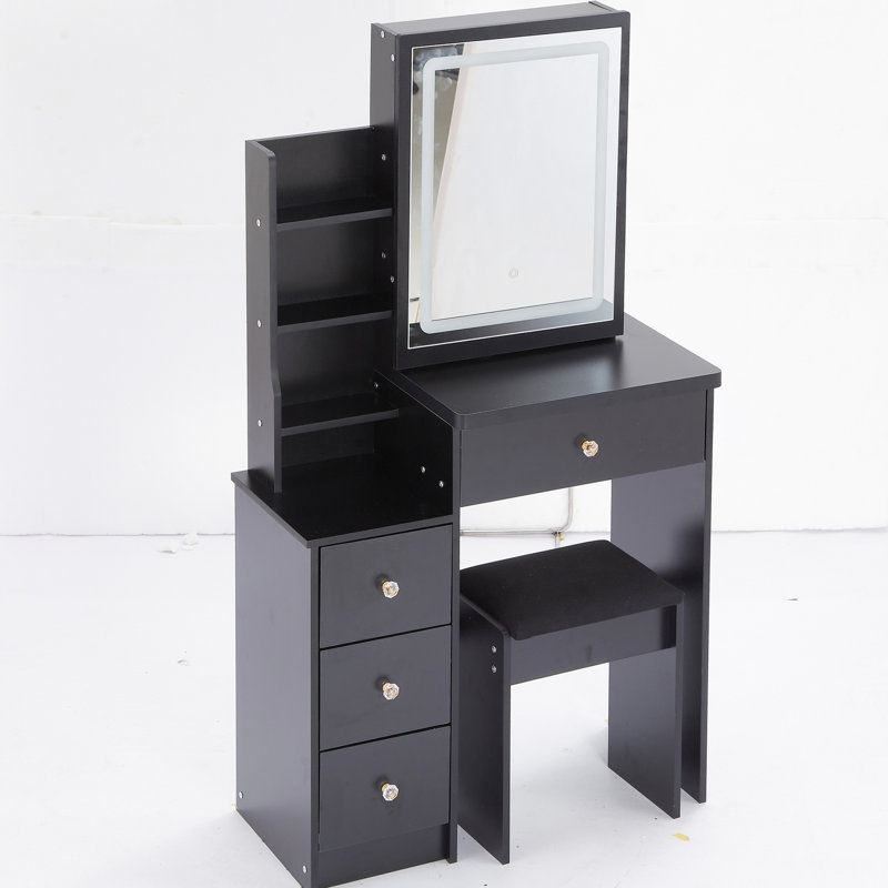 Petite coiffeuse avec tabouret rembourré et miroir tactile coulissant à écran tactile, réglage de la luminosité et de la luminosité, noir, table de conception américaine, choix de couleurs tactiles, tabouret, pour les espaces de vie
