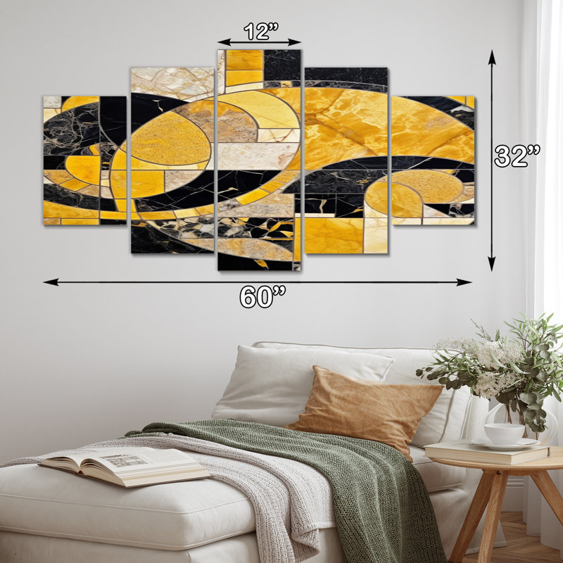 Or et noir en mouvement III - formes abstraites, reproduction sur toile - 5 panneaux
