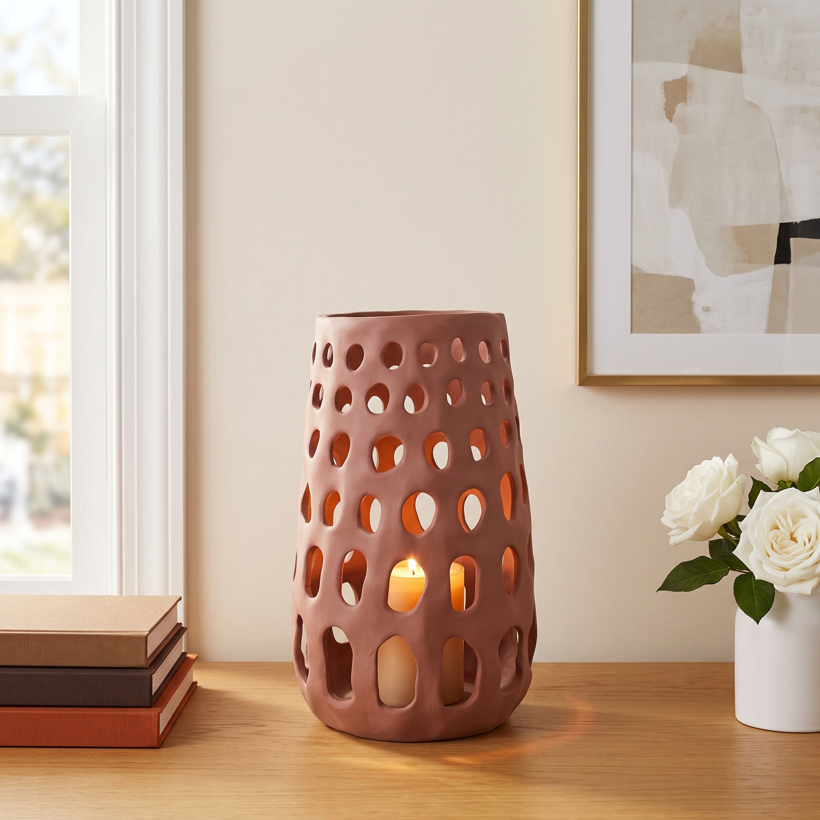 Ceramic Lantern Candle Holder, 19" H x 12.25" W x 12.25" D