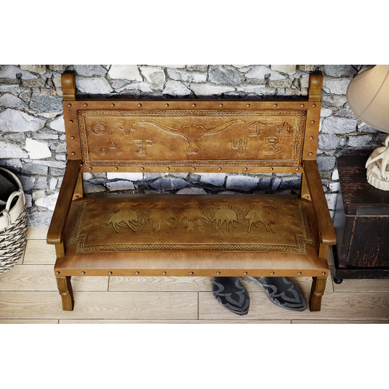 Tylersburg Genuine Leather Upholstered Bench, Rustic/ Geometric, 43" H x 50" W x 24" D