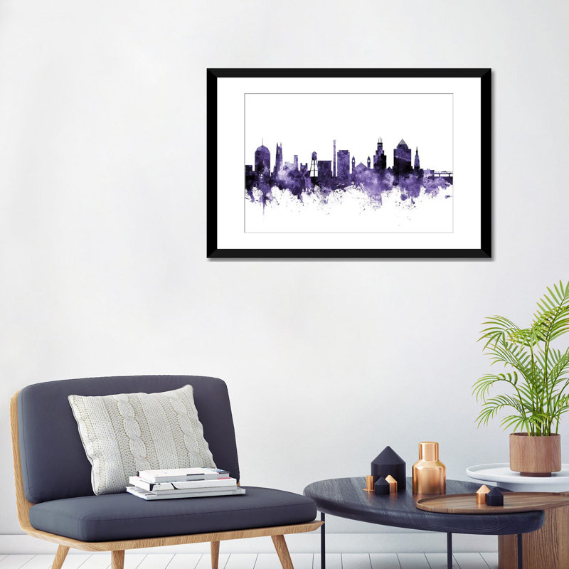 «Durham, North Carolina Skyline» par Michael Tompsett, impression, H 24 po x l 32 po x P 1 po, Papier avec cadre noir, Blanc