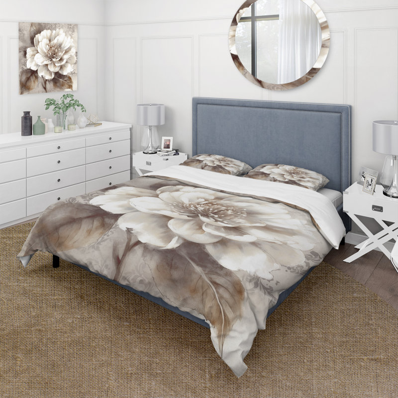 Grey Peonies On Branch III - Peonies Duvet Cover Set, Queen Duvet Cover + 2 Standard Shams