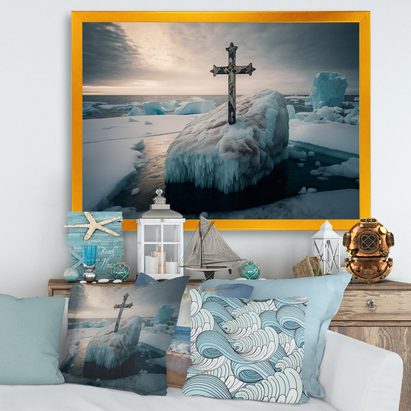 Croix religieuse dans l'océan Arctique II - reproduction sur toile, H 24 po x l 32 po x P 1 po