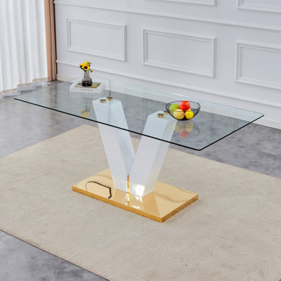 Large  Minimalist Rectangular Glass Dining Table  4-8 People With 0.39" Tempered Glass Tabletop And MDF Slab V Shaped Bracket,For Kitchen Dining Living Meeting Room Banquet Hall F-V