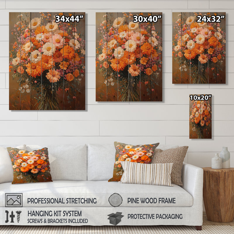 Assortiment de bouquets Brown Autumn Symphony I - décoration murale en bois avec bouquets assortis - sur bois de pin naturel