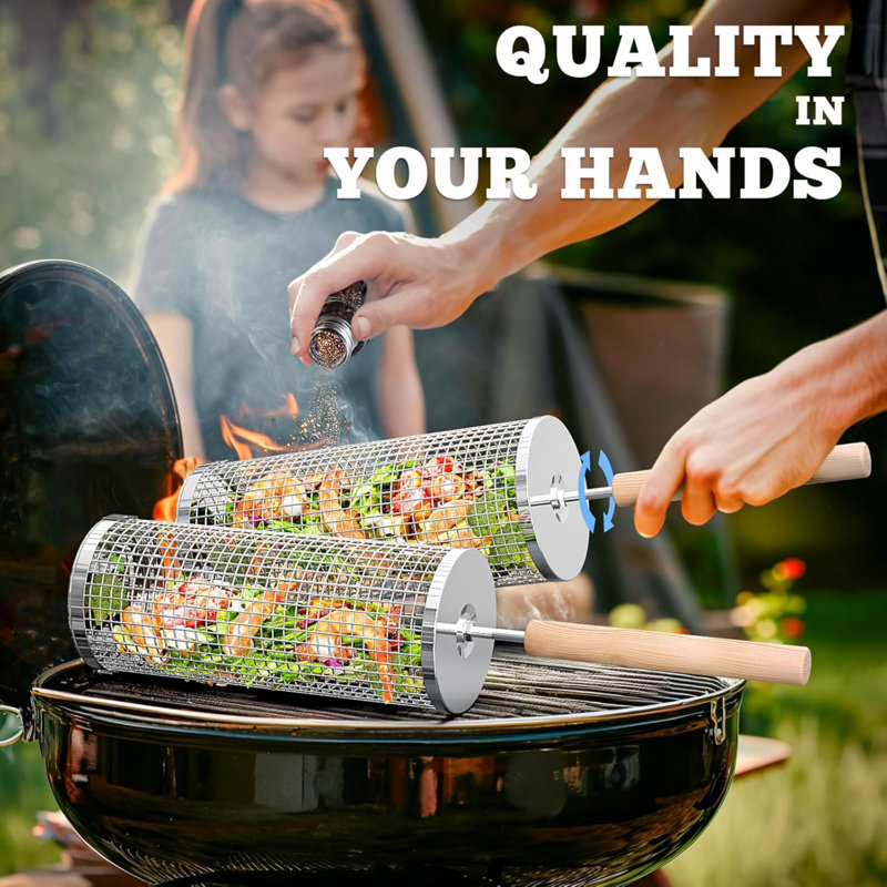 Panier à roulettes, poignée en bois amovible, acier inoxydable 304, outils de barbecue gigognes, accessoires de barbecue fumant pour les légumes, camping en plein air, cadeaux d'anniversaire pour mari mari