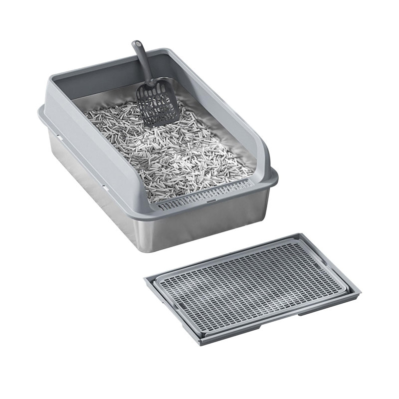 Bac à litière en acier inoxydable profond de 5,9 po avec couvercle, anti-fuites facile à nettoyer, gris, Gris
