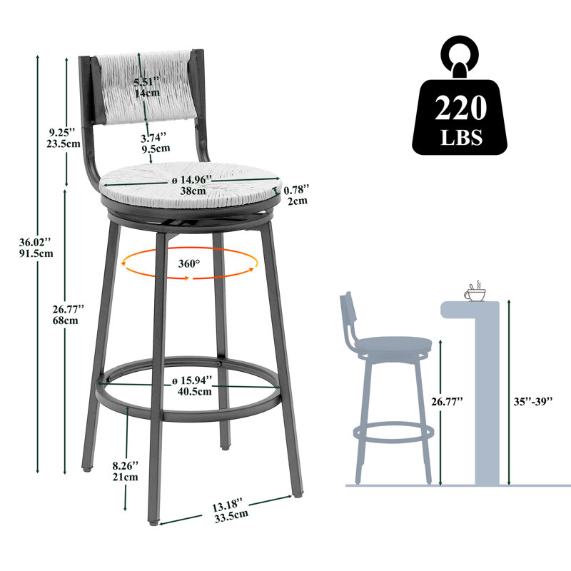 Chaise de comptoir tissée à la main de style 2, siège pivotant à 360 °, couleur miel, structure en métal pour 2 pièces de cuisine rondes, îlot en corde de papier, salle à manger