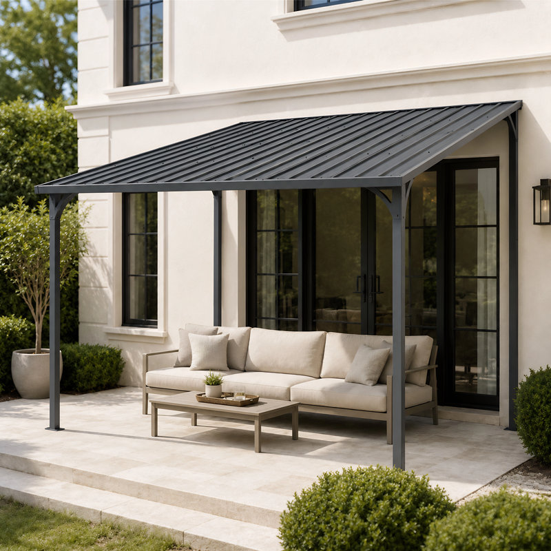 Outdoor Wall-Mounted Metal Pergola With Sloped Waterproof Roof For Patio, Garden, And Backyard