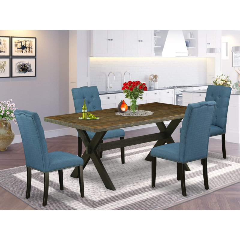 L'ensemble 5 pièces de table et chaises de cuisine comprend une table de salle à manger rectangulaire avec pieds en X et 4 chaises Parsons en tissu de lin, noir brossé