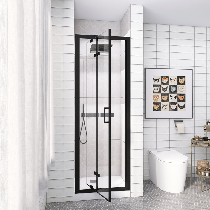Porte de douche pivotante noire pliante 26 po x 72 po, verre trempé transparent 1/4 po, enceinte pliante peu encombrante avec poignée en acier inoxydable, installation réversible