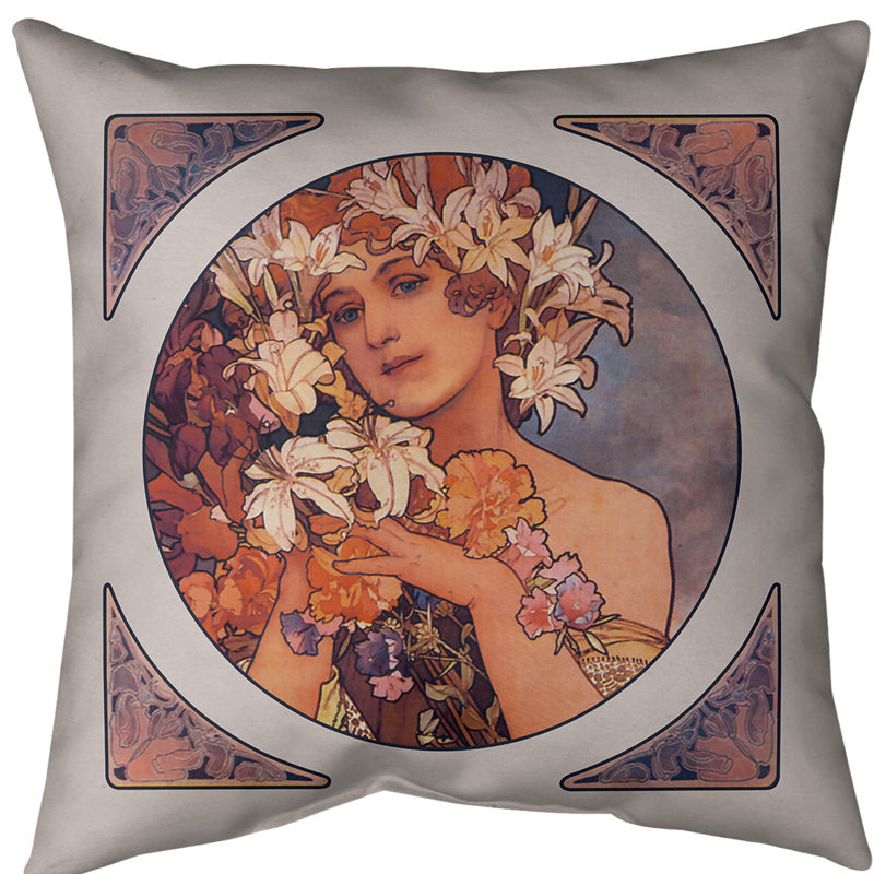 Coussin euro alphonse mucha couronne of fleurs, Orange, Duvet synthétique, Polyester filé