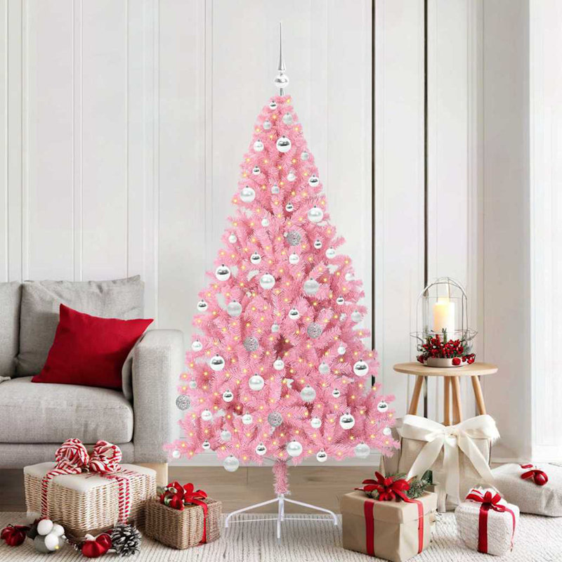 5.91' H Lighted Artificial Christmas Tree, Pink, 180 cm, with 120 Silver Balls