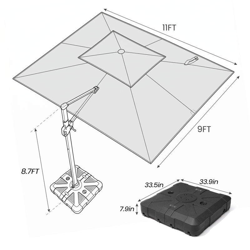 11' X 9' Rectangular Cantilever Umbrella With Weighted Base, Tanné