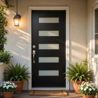 36" X 80" Black Fiberglass Front Entry Door With 5-lite Frosted Glass