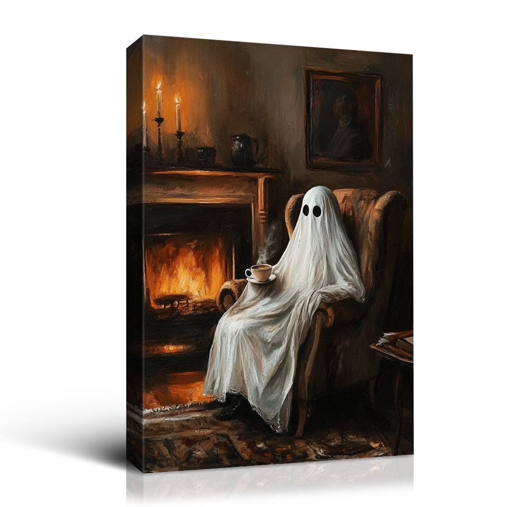 Highland Dunes Funny Halloween Poster Elegant Ghost Drinking Tea Wall ...