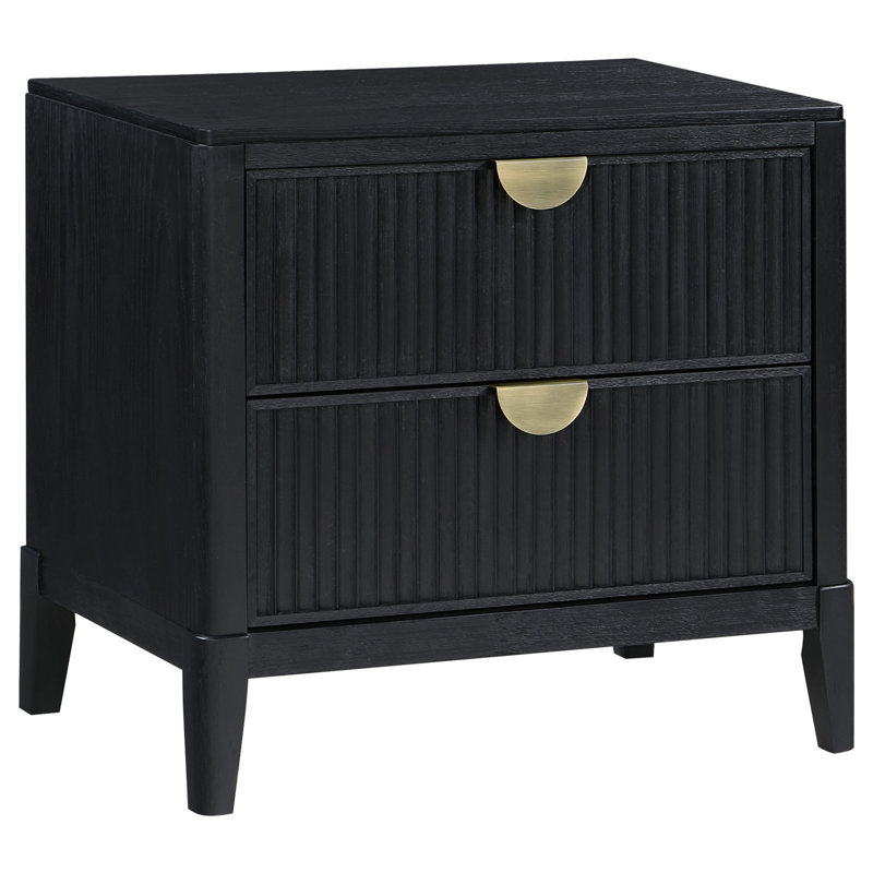 Table de chevet Jack, 2 tiroirs, poignées en métal doré, bois noir brossé
