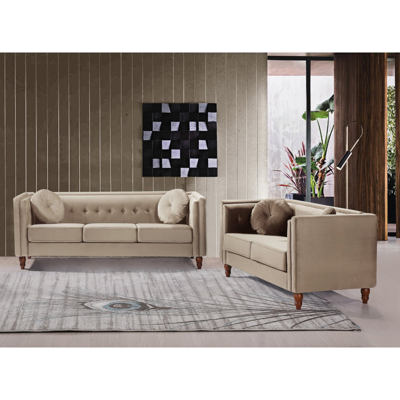 Tufted Classic Design Velvet Upholstery 2-Piece Living Room Set, Velours ivoire