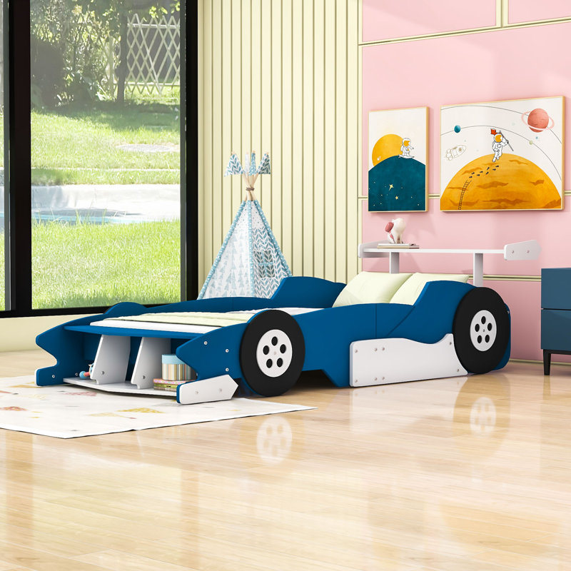 Lit plateforme avec roulettes Race, Simple, Bleu
