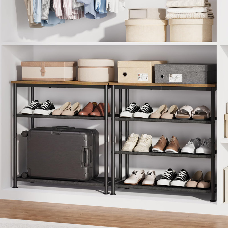 Shoe Rack 4-Tier with Wooden Top Industrial Shoe Storage Organizer with Metal Frame & 3 Fabric Shelves for Entryway & Closet Holds 9-12 Pairs