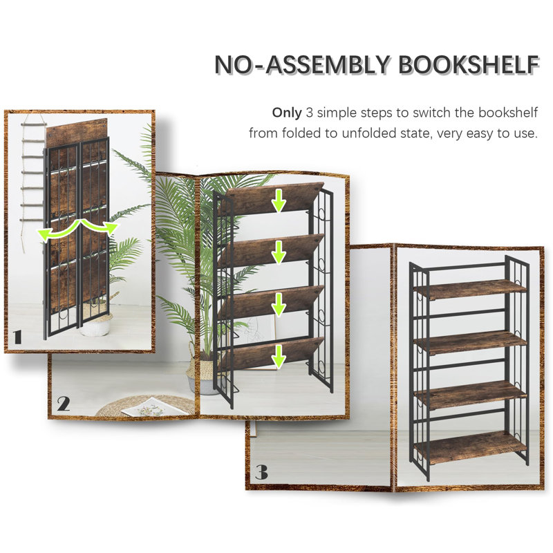 Bibliothèque pliante 4 étages sans assemblage, Brun noirâtre rustique