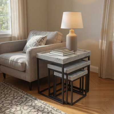 3 Piece Square Gray Marble Accent_End Table Set
