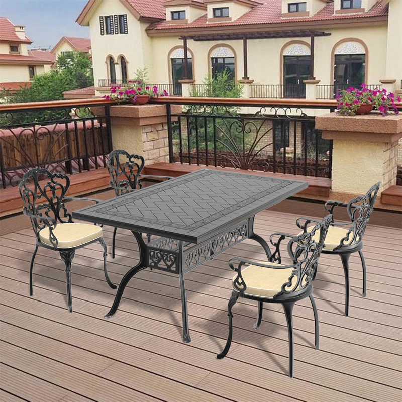 Ensemble de salle à manger 5 pièces pour patio avec coussins, table de salle à manger rectangulaire avec quatre fauteuils