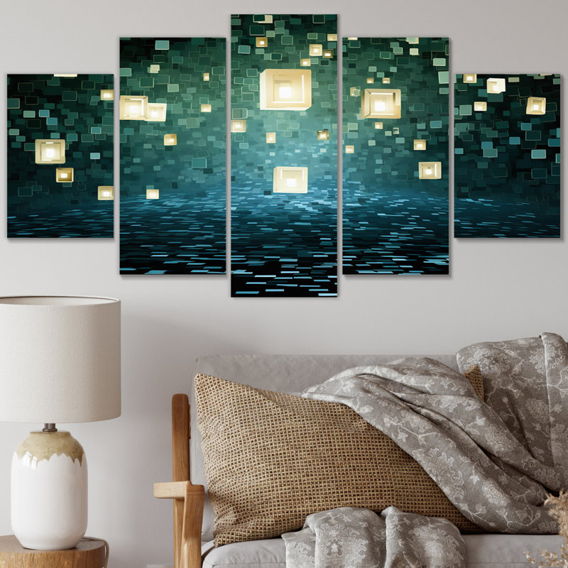 Matrix galaxie abstrait bleu foncé et turquoise I - Art mural abstrait salon - 5 panneaux