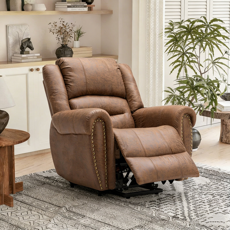 42'' Wide Vintage Premium Faux Leather Rivet Power Reclining Chair with Remote Control, Tan