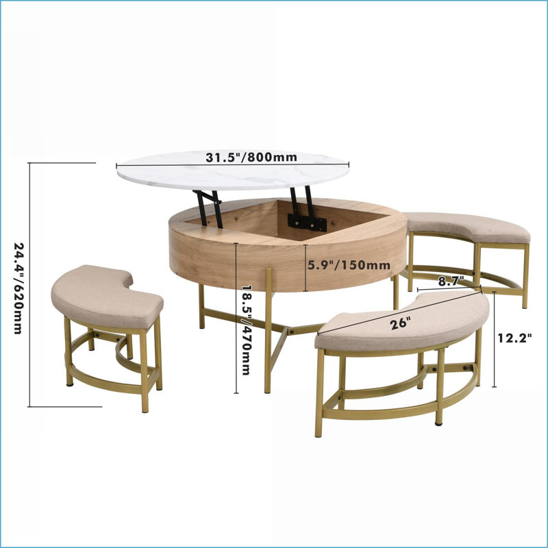 Blanc moderne et rond Table basse à plateau relevable naturel avec rangement 3 repose-pieds peu encombrants