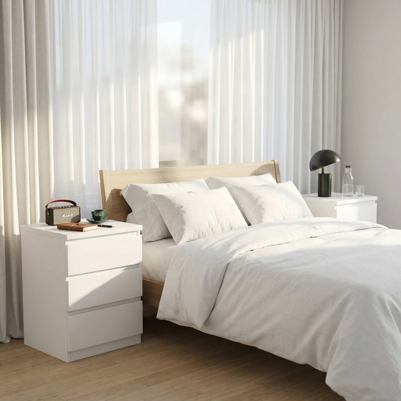 Ensemble de deux tables de chevet modernes à trois tiroirs blanches avec rangement convertible et conception sans poignée pour l'organisation de la chambre à coucher et du salon