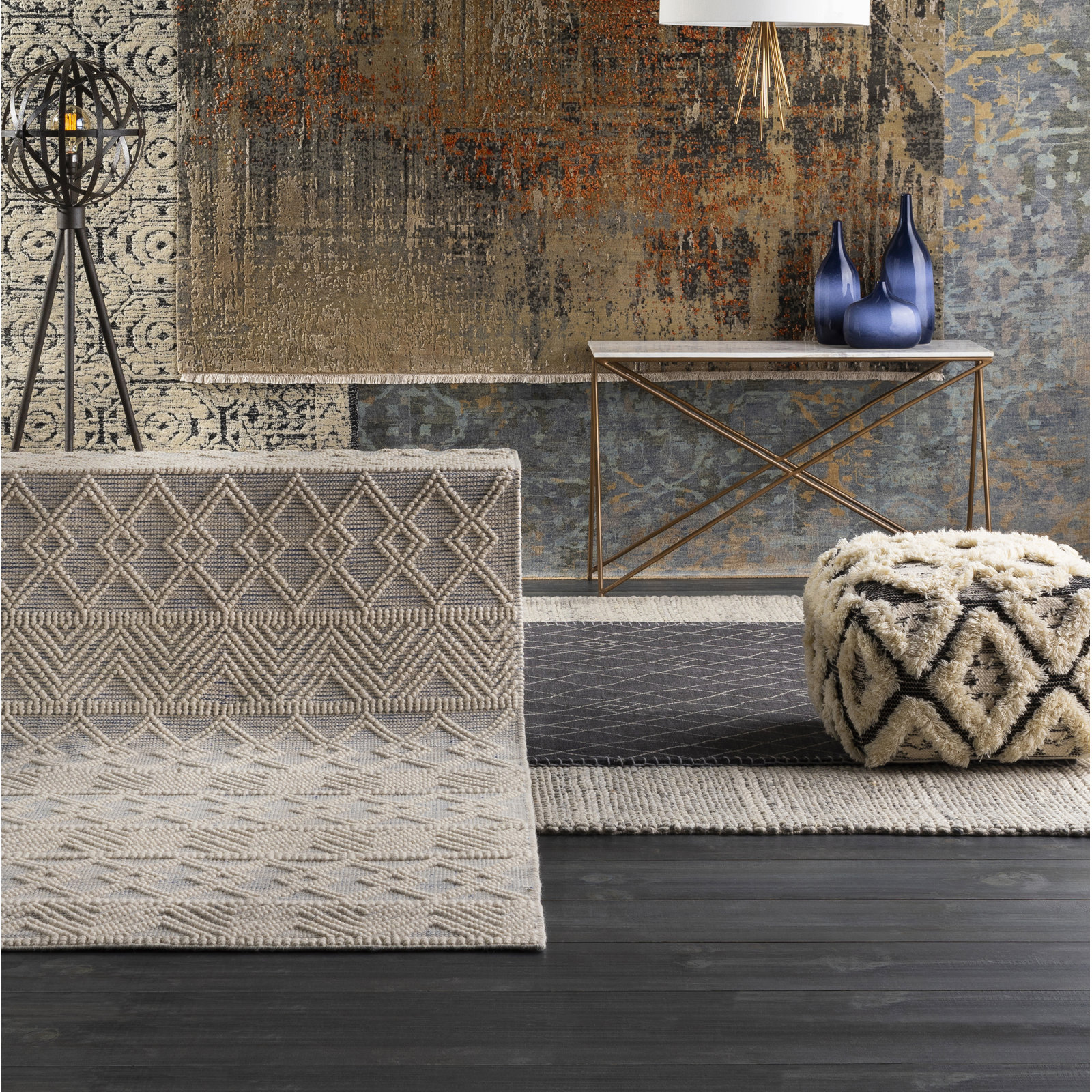 Tribeca Blue Cream Flatweave Geometric Wool Rug, Runner 2'6" x 8'