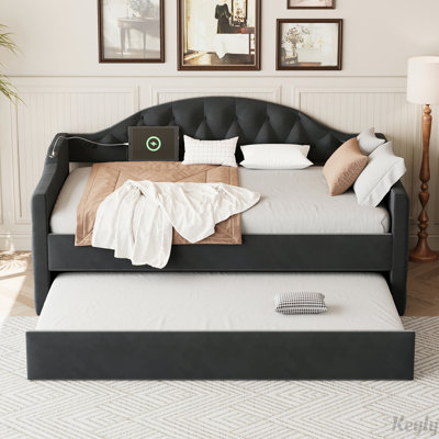 Velvet Tufted Upholstered Daybed with Trundle,USB&Type-C Charging Ports