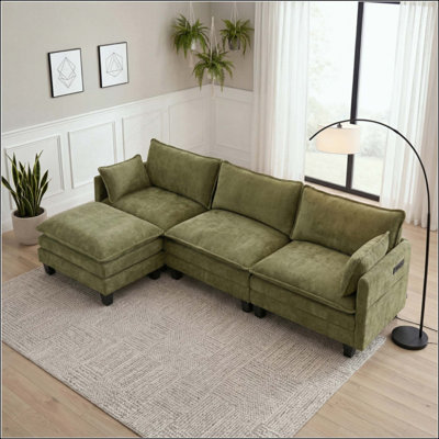 Ensemble de canapé moderne en chenille, canapé 3 places avec repose-pieds individuel assorti, mobilier de salon modulaire avec ports USB intégrés et poches latérales.