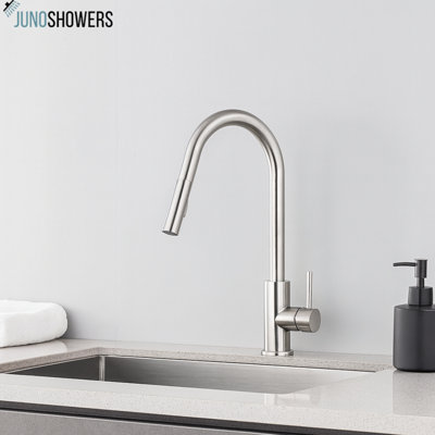Juno Single Handle Gold Kitchen Faucet – Long Neck Deck-Mount Design