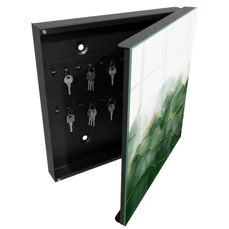 Key box for home, Opens to the left, 30x30x5, Black, Green hills with a white background in a watercolor style, 