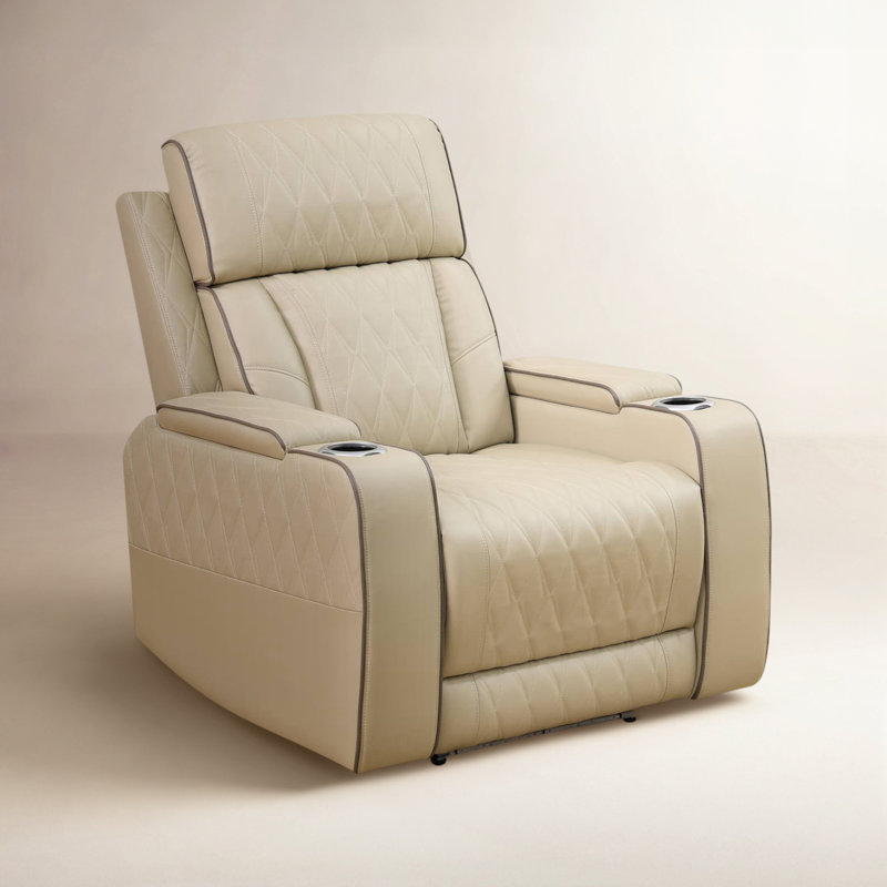 Alabaster Beige color Leather Living Room Recliner Sofa Chair,wireless charging station, cup holders
