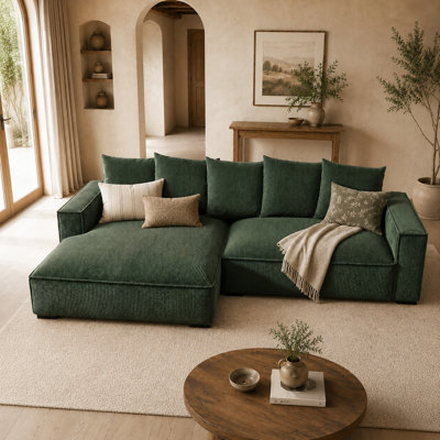 106.7-Inch 5-Seat L-Shaped Corduroy Sectional Sofa with Left-Facing Chaise, Down Feather-Filled Seating and Solid Wood Frame, Dark Green