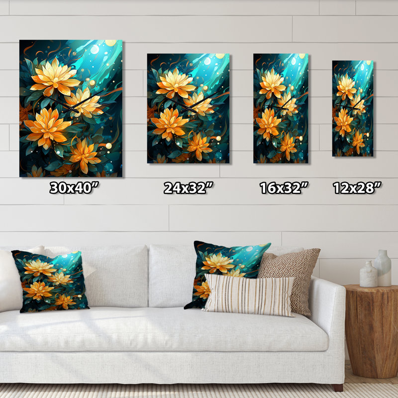 Horloge murale fleurie sur fond turquoise, Petit