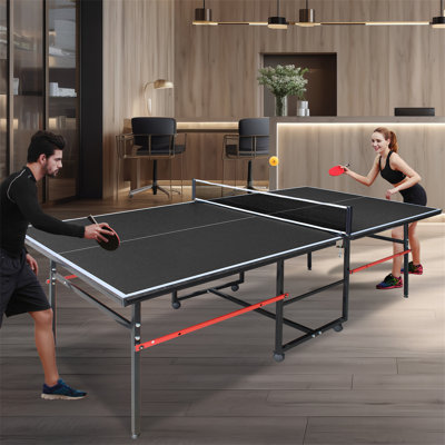 8Ft Black Mid-Size Table Tennis Table Foldable & Portable Ping Pong Table Set For Indoor Games With Net