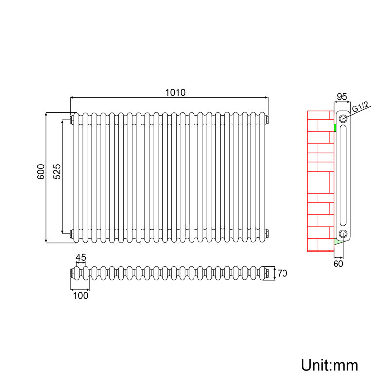 Carmellia Horizontal Designer Radiator, 60cm H x 100cm W x 9cm D
