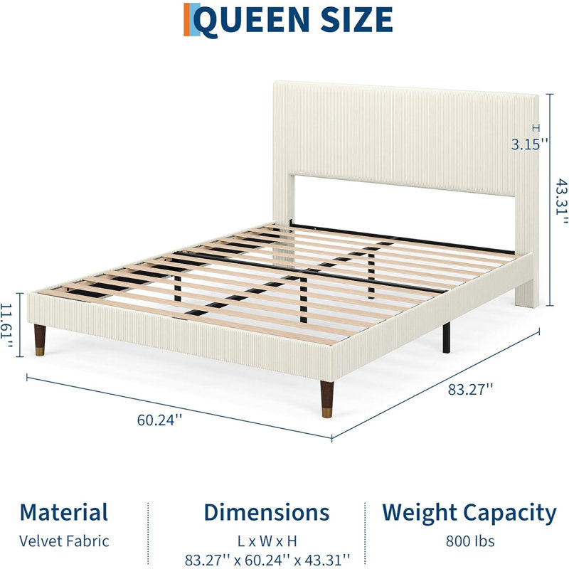 Queen Upholstered Platform Bed Frame, Fabric Headboard, Metal Frame with Wooden Slats, Modern Bedroom Use ,Beige, Beige