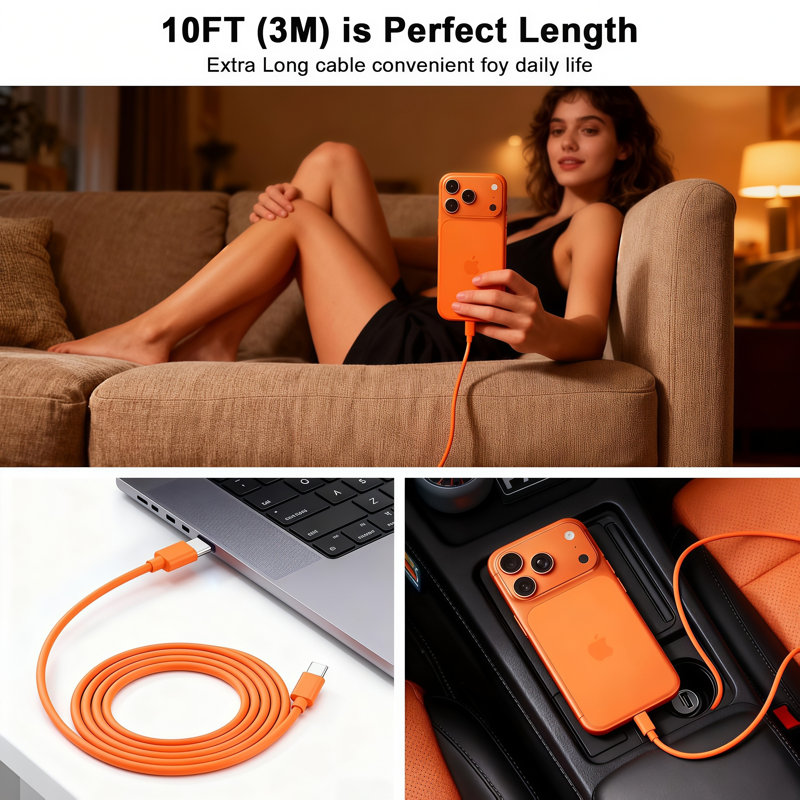 Câble de charge tressé USB-C vers USB-C, chargeur rapide PD 60 W, 1 m, orange, lot de 2, pour iPhone 15/16/17, iPad, Samsung et autres appareils USB-C