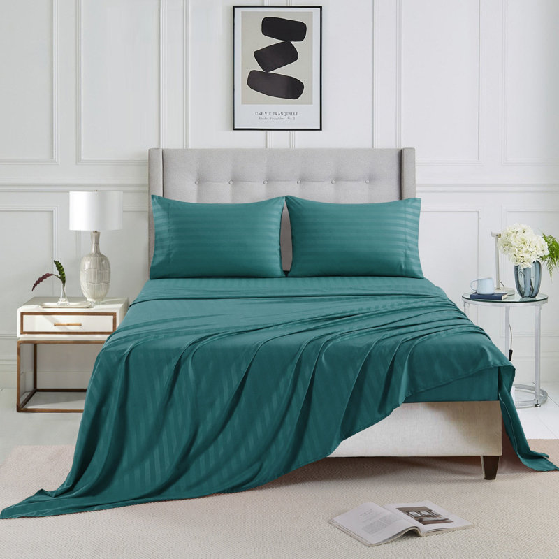 3/4 Pcs Luxury Striped Bed Sheets Set, Teal, King Sheet Set with 2 Pillowcases