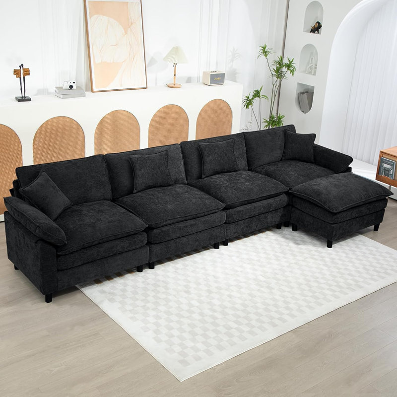 Canapé modulaire rembourré en L avec repose-pieds, Chenille noir, H 34,6 po x l 146,5 po x P 57,8 po