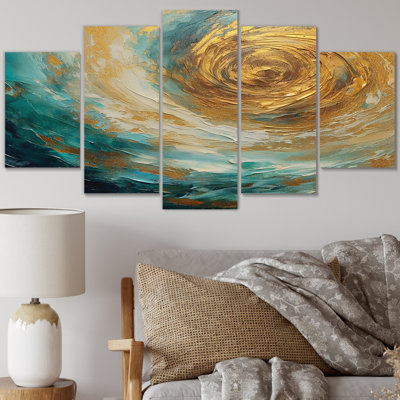 «Golden Ocean Spiral Waves», peinture III - art abstrait sur toile, 5 panneaux