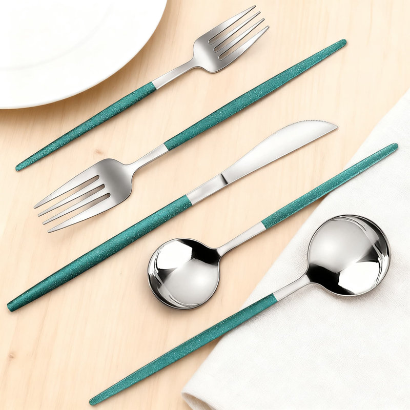 Ensemble de couverts 20 pièces en acier inoxydable avec finition miroir vert argenté, service pour 4, ensemble de couverts à finition satinée pour la maison et le restaurant, vaisselle allant au lave-vaisselle
